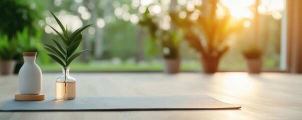 Plants on yoga mat sunlight wellness serenity