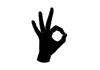 Fototapeta premium A black silhouette of a hand making the ok gesture against a plain white background with fingers up