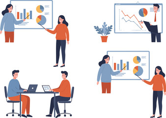 Business meeting, teamwork collaboration, data presentation, corporate training, financial analysis, office discussion, marketing report, business strategy, workplace teamwork, vector illustration