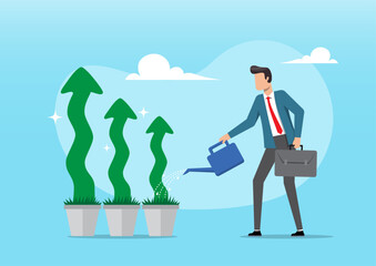 A businessman actively watering three potted plants