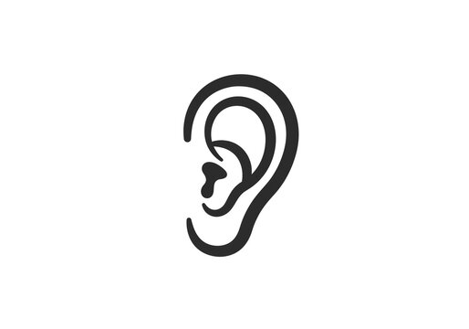 A simple black and white illustration of a human ear on a plain white background image view