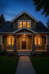 Cozy craftsman style home with stone foundation and evening glow