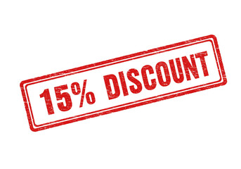 A red discount stamp with fifteen percent off on a white background angled in a promotional image