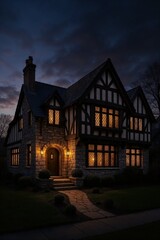 Obraz premium Grand neoclassical house with columns and elegant facade lighting