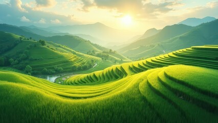 Obraz premium Golden Rice Terraces at Sunrise: Lush green rice terraces cascade down the hillside, bathed in the warm golden light of the rising sun. A picturesque scene of serenity and natural beauty.