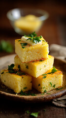 Stacked Cornbread Squares with Butter and Parsley on Wooden Plate