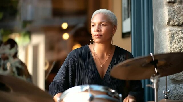 Drummer Playing Passionately with Band in Natural Light