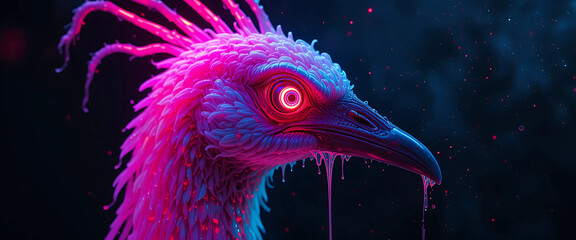
A psychedelic image of a jelly-colored crane head with flickering neon feathers, one red camera lens eye, and a dripping oil-slick beak. A glowing red antenna sparks from its brainstem into the dark.