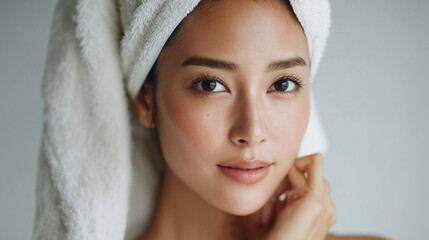 Studio portrait of a woman in a white towel smiling warmly
