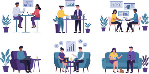 Business teamwork, data analysis, working from home, coworking space, online collaboration, business meeting, project discussion, laptop work, vector illustration