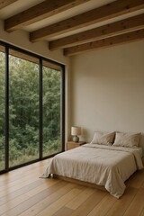 Fototapeta premium Modern minimalist bedroom with panoramic forest view and natural light