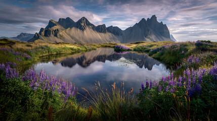 Stokksnes, Iceland Mountain Reflection with Purple Lupine Flowers and Clouds