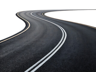 A winding asphalt road with double white lines curving into the distance on a white background