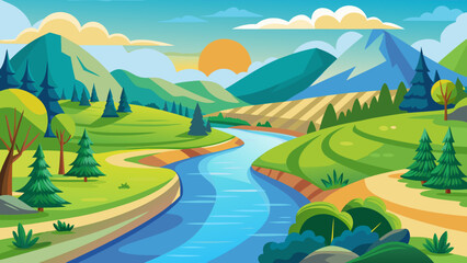 Fototapeta premium Vibrant cartoon landscape with winding river rolling hills and mountains at sunset