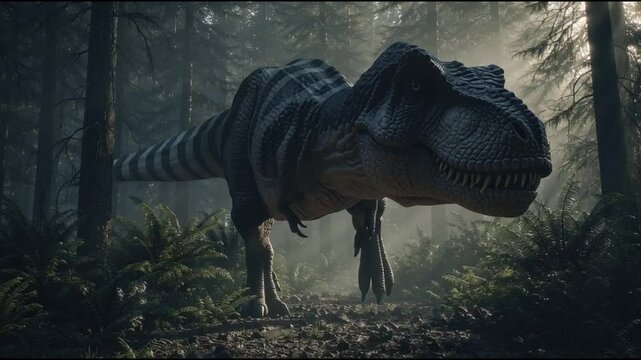 A majestic Tyrannosaurus rex roams through a misty forest, exuding power and prehistoric might. The image evokes a sense of awe and the raw beauty of a bygone era.