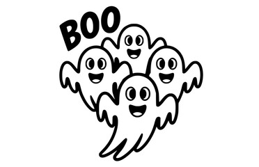 Group of four happy flying ghosts saying "BOO", a black and white cartoon drawing suitable for Halloween party invitations and decorations