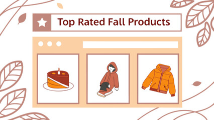 Illustration of top rated fall products including cake jacket and hooded clothing item displayed online