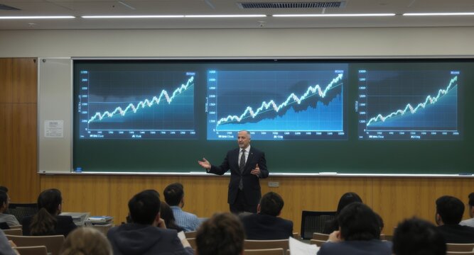 Male lecturer presenting financial graphs in class