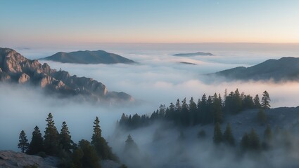Mountain Peaks Emerging from Foggy Valley at Sunrise Aerial View