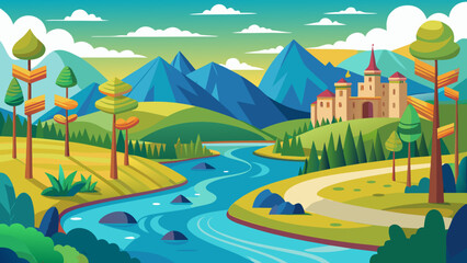 Stylized medieval castle nestled in a vibrant fantasy landscape with a winding river