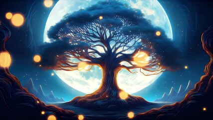A luminescent tree against a moonlit sky, with orbs and mountains - Powered by Adobe