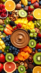 A vibrant assortment of fresh fruits and chocolate dip, perfect for parties and healthy snacking.