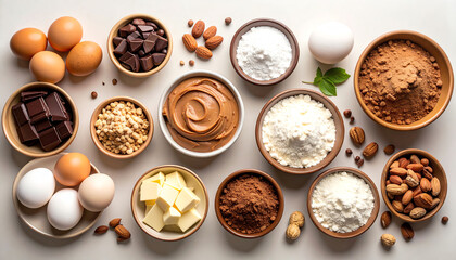 An assortment of baking ingredients displayed in bowls, including eggs, chocolate, and various flours.