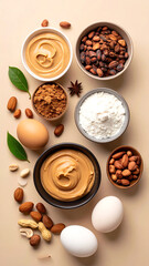 An assortment of natural ingredients including nuts, eggs, and flour arranged aesthetically for culinary inspiration.