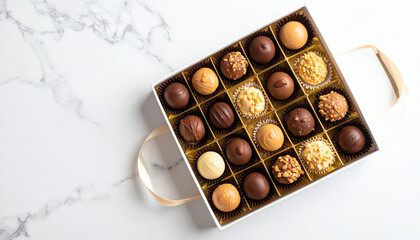 An elegant box filled with assorted artisan chocolates, showcasing a variety of flavors and textures.