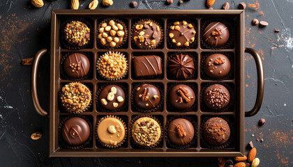 Delicious assortment of gourmet chocolates in a beautifully arranged box, perfect for gifting or personal indulgence.