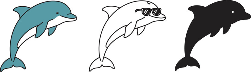 Naklejka premium Dolphin cartoon vector illustration set cute dolphin drawing sea animal ocean life marine mammal graphic art