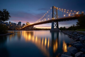 Fototapeta premium Glowing Bridge at Dusk with LED Cables Spanning the City Skyline