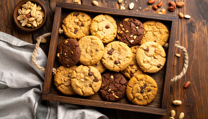 Delicious assortment of homemade cookies with nuts and chocolate, arranged in a rustic wooden tray.