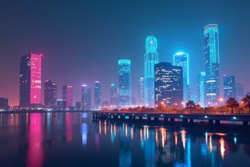 Fototapeta premium Neon-Lit Cityscape with a Futuristic Holographic Skyline