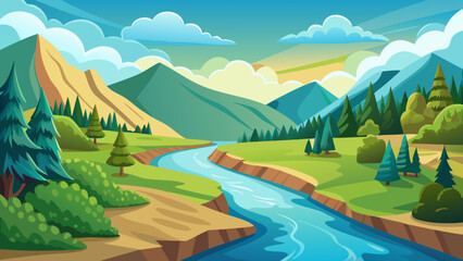 Scenic mountain valley with a winding river and lush green trees under a bright sky