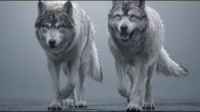 Two majestic wolves running towards the camera, embodying strength and resilience. Their captivating gaze and elegant movement create a dynamic scene