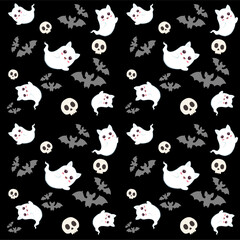 Cute seamless Halloween pattern with ghost cats, bats, and skulls on black background. Perfect for kids’ spooky designs, party decorations, and digital paper.
