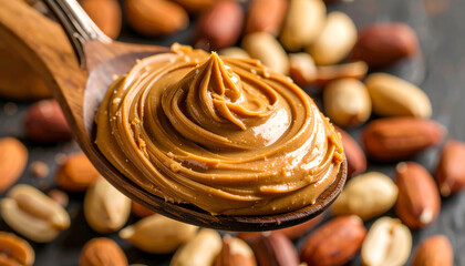 Delicious creamy peanut butter on a wooden spoon surrounded by assorted nuts, perfect for healthy snacks.