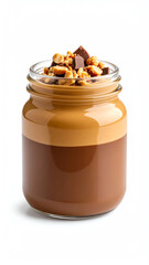 Delicious layered dessert in a jar topped with nuts and chocolate, perfect for sweet indulgence.