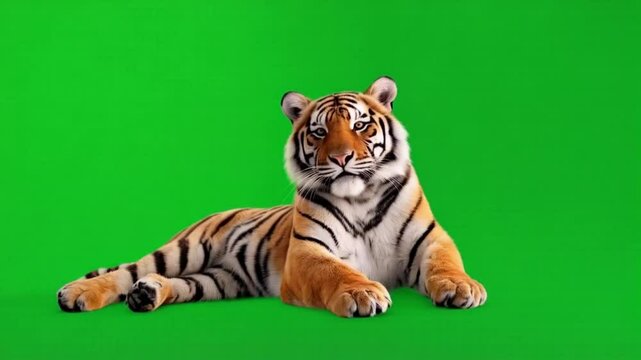 A tiger lying down and looking to the left against a solid bright green colored background green screen animal video