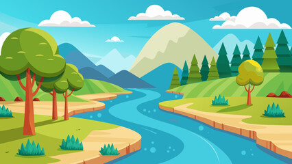 Obraz premium Vibrant cartoon landscape with a winding river flowing through green hills and mountains
