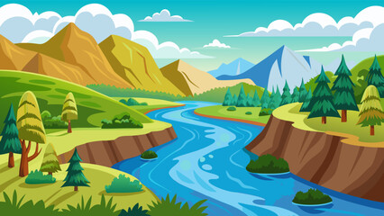 Vibrant cartoon landscape with winding river and majestic mountains under a blue sky