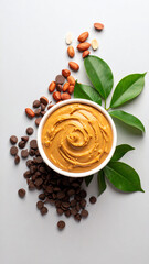 Delicious peanut butter spread in a bowl, surrounded by peanuts and green leaves on a neutral background.