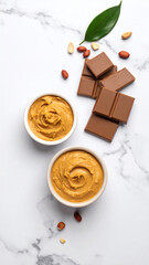 Delicious peanut butter served in bowls with chocolate and nuts, perfect for tasty recipes and snacks.