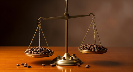 Golden Justice Scales with Coffee Beans on Wooden Table