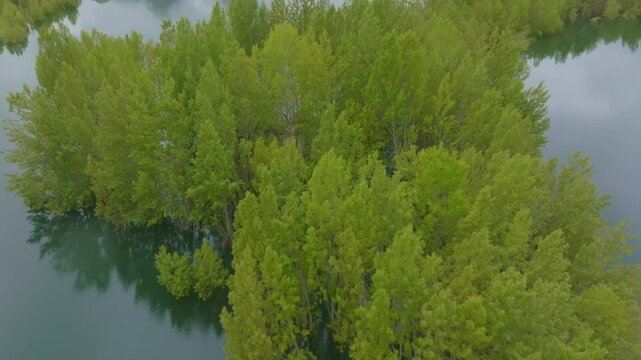 Aerial Top-Down to Tilt-Up Drone Zoom Over Ria&ntilde;o Reservoir with Mountain Reflection