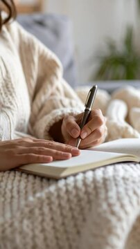 Person writing in a notebook with a pen, draped in a cozy blanket