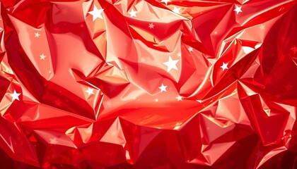 Red cellophane wrapping paper with star-shaped reflections, festive shine, pattern, celebration