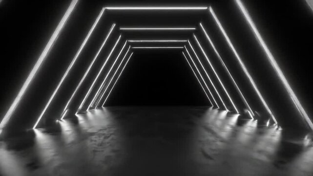 Luminous Path A dark hallway defined by glowing white angled neon lights. A mirrored floor reflects the light, leading into deeper shadow
