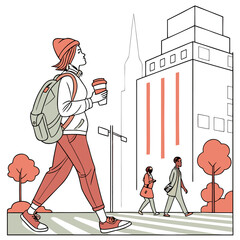 Person with backpack and coffee cup walking in a city with other pedestrians and tall buildings nearby